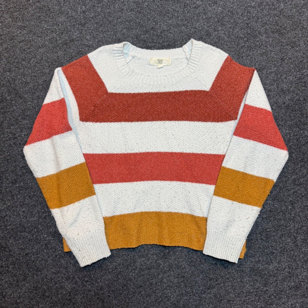 Pinque Striped Crewneck Sweater Small Rust White Yellow Textured Knit Raglan